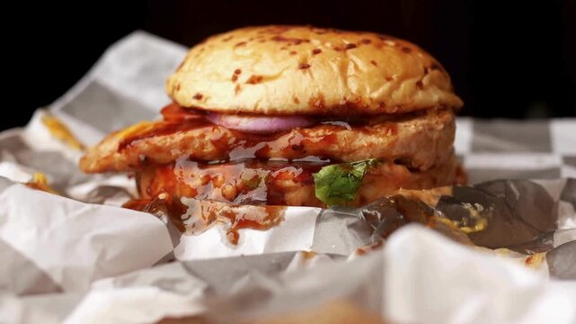 Gourmet chicken burger with barbecue sauce on paper, delicious grilled sandwich with onion and lettuce, fast food meal for restaurant menu