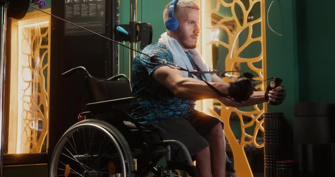Man in wheelchair performs upper body exercise on a cable machine in gym. Focused and determined during workout, demonstrating an active lifestyle despite physical disability.