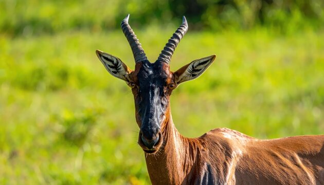 A close-up portrait of a topi antelope with distinctive horns, staring directly at the camera