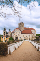 Fototapeta premium Vranov nad Dyjí Castle and Bridge Under Dramatic Cloudy Sky