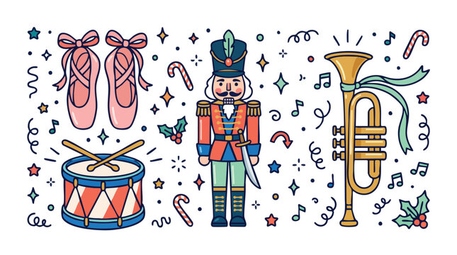 Nutcracker Ballet Theme Vector Illustration with Music and Dance Icons