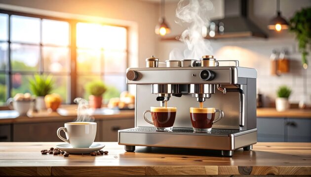 Espresso machine brewing two cups on a sunny kitchen counter, steam rising