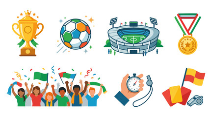 Fototapeta premium Vibrant vector illustration set featuring various soccer icons including a golden trophy a stadium a medal and cheering sports fans