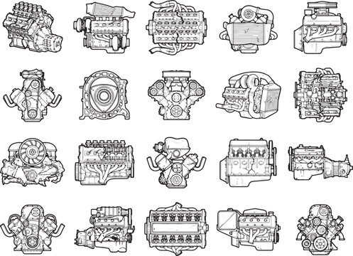 A collection of diverse engine designs and diagrams, showcasing various mechanical components and engineering artistry, presented in a clean, graphic illustration style.