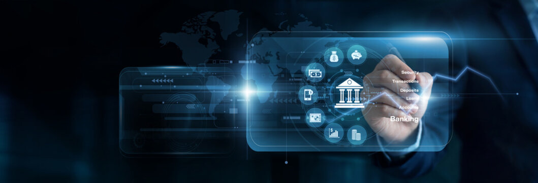 Financial manager using touch pen on a Banking virtual screen to map out global cash flows. This highly secure digital interface ensures strict control over global enterprise networks.