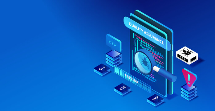 Isometric quality assurance concept for software testing and bug detection. Code inspection and application verification improve reliability. Modern QA vector illustration.