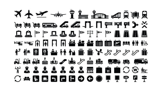 Comprehensive collection of airport and aviation related black glyph icons.