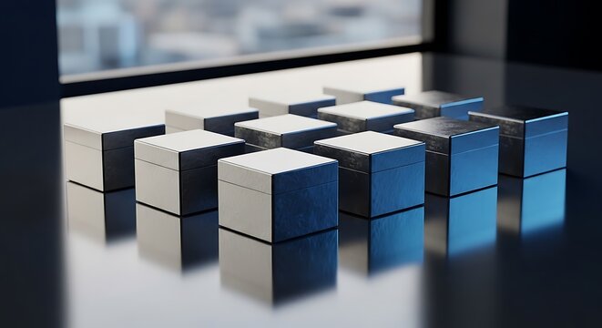 A high-angle perspective featuring 12 square boxes arranged neatly on a reflective dark surface in a modern office environment with soft window lighting