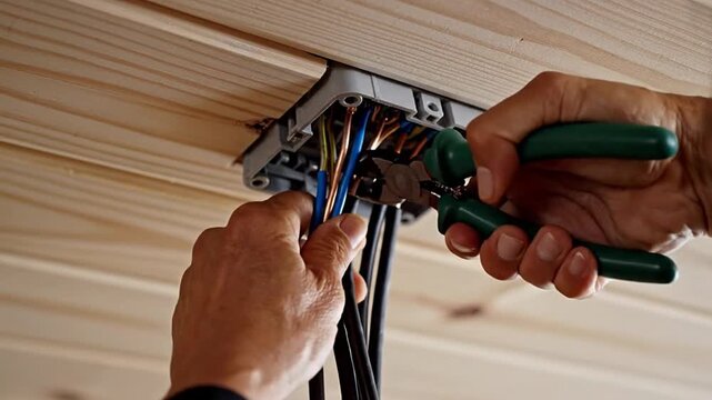 Professional electrician installing electrical wiring in a junction box, ensuring safe and reliable power connections for home improvement and construction projects, focusing on system maintenance...
