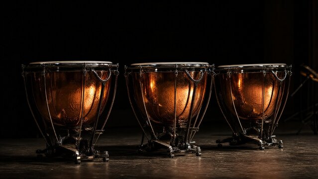 Three timpani drums with polished copper bowls reflecting light on a dark stage.