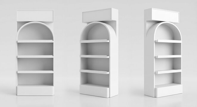 White retail display shelf with a built in lightbox top, 4 shelves, perfect for showcasing products in stores and shopping malls. Modern design ideal for branding, and visual merchandising.