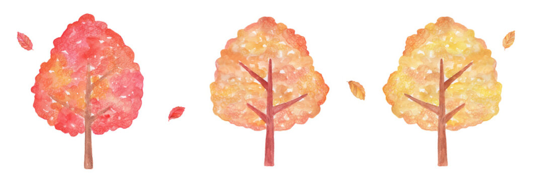 水彩で描いたいろいろな紅葉の水彩イラスト