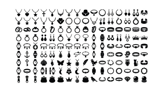 Set of luxury jewelry icons including necklaces rings watches and bracelets.