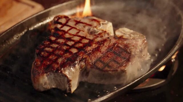 Sizzling T-bone steak on hot cast iron skillet, grilled beef steak with smoke and flames, gourmet meat dinner in restaurant kitchen