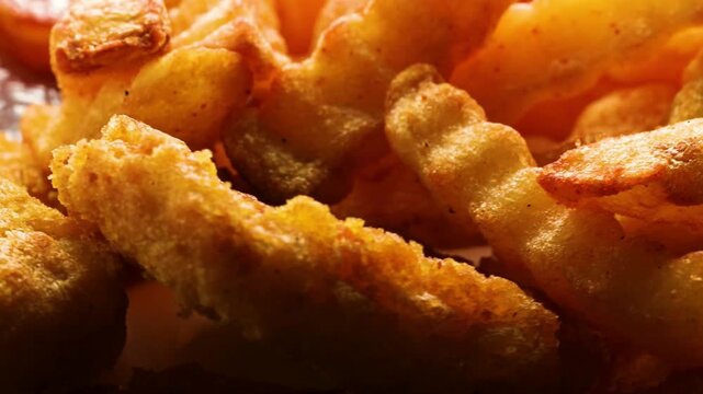 Golden crispy french fries and fried onion rings, close up of deep fried fast food snacks, salty potato chips with warm cinematic lighting