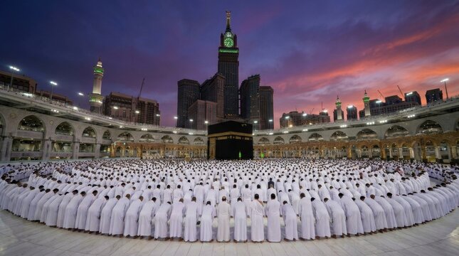 Muslim pilgrims praying around the Kaaba at sunset in Mecca