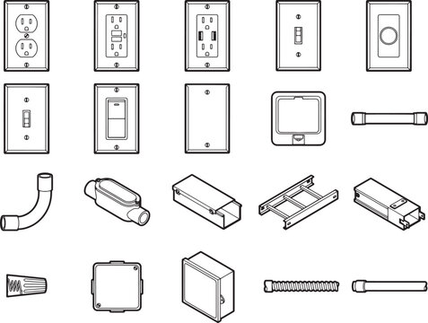 Electrical components and hardware illustration, including outlets, switches, junction boxes, conduit, and connectors.