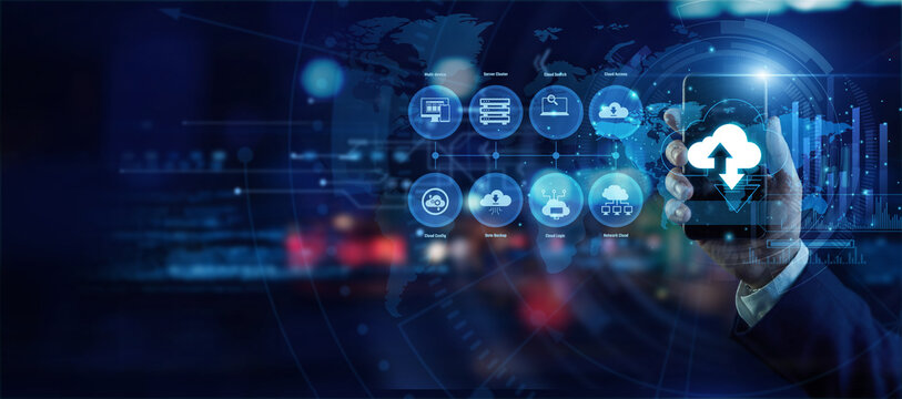 Senior systems engineer holding a mobile phone analyzing global Cloud Computing data on a holographic world map. Futuristic technology, secure network connections, and advanced data visualization.