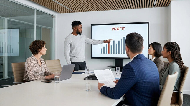 Diverse business team having a meeting in a modern office while a male colleague points at a profit growth bar chart on a digital screen