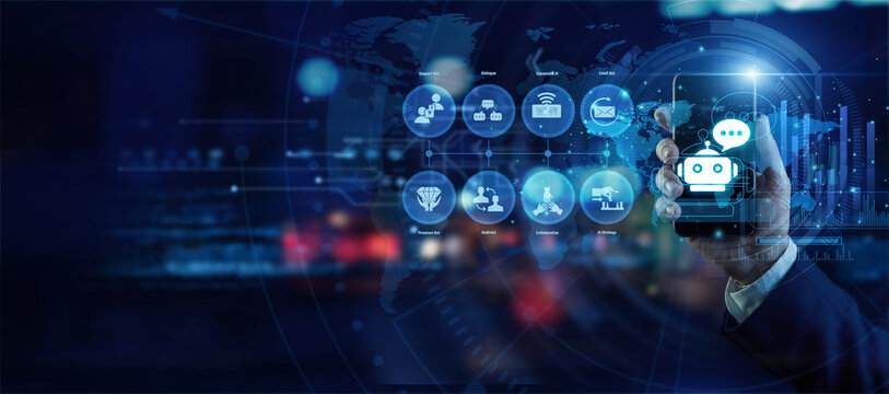AI communications engineer holding a mobile phone analyzing global Chatbots data on a holographic world map. Futuristic technology, secure network connections, and advanced data visualization.
