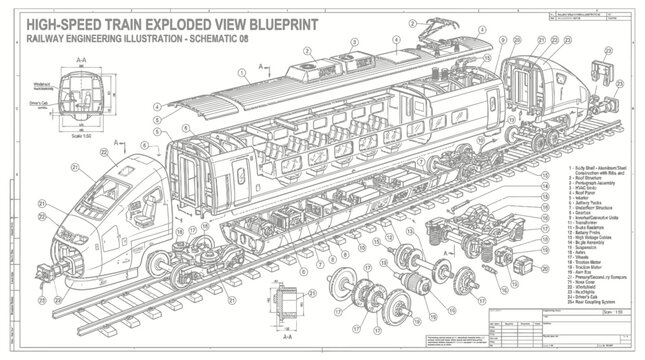 High-speed train exploded view blueprint with locomotive on tracks detailed
