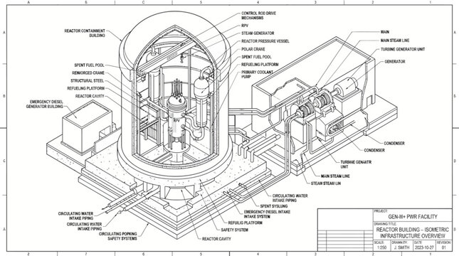 A detailed architectural illustration of a large industrial facility with various structures and components labeled.