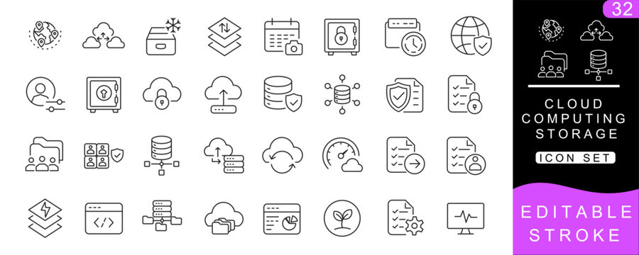 Cloud Computing Storage Line Icons Set &ndash; Cloud Backup, Data Management, Archive Storage, Replication, SaaS Infrastructure Editable Stroke Vector Collection