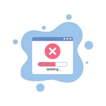 Web File Deleting Process and System Uninstall flat Vector Illustration. Browser Window Remove Data Progress Cross Cancel Button Sign. vector illustration