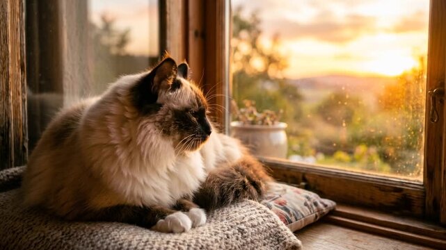 Birman cat near a window close up beautiful composition gold sunset light