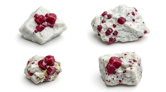 Set of Four Raw Red Spinel Mineral Crystals Isolated on a Clean White Background