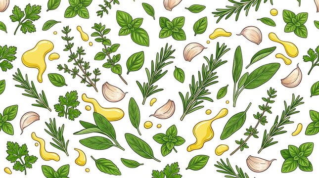 Seamless pattern of culinary herbs garlic and olive oil splashes