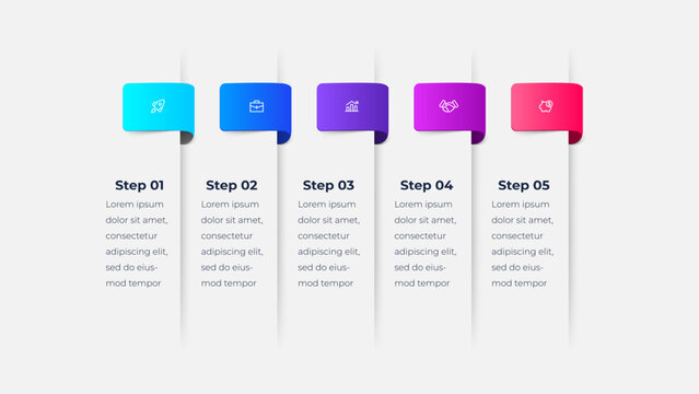 Five Step Vertical Ribbon Card Infographic Template for Business Workflow Roadmap and Process Presentation