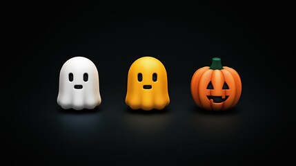Naklejka premium Three cute halloween decorations two ghost figures and carved jack o lantern pumpkin on solid black background minimal holiday decor