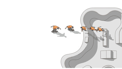 Obraz premium Top view of skateboarders in orange shirts riding in a skatepark with ramps and ledges on a white background