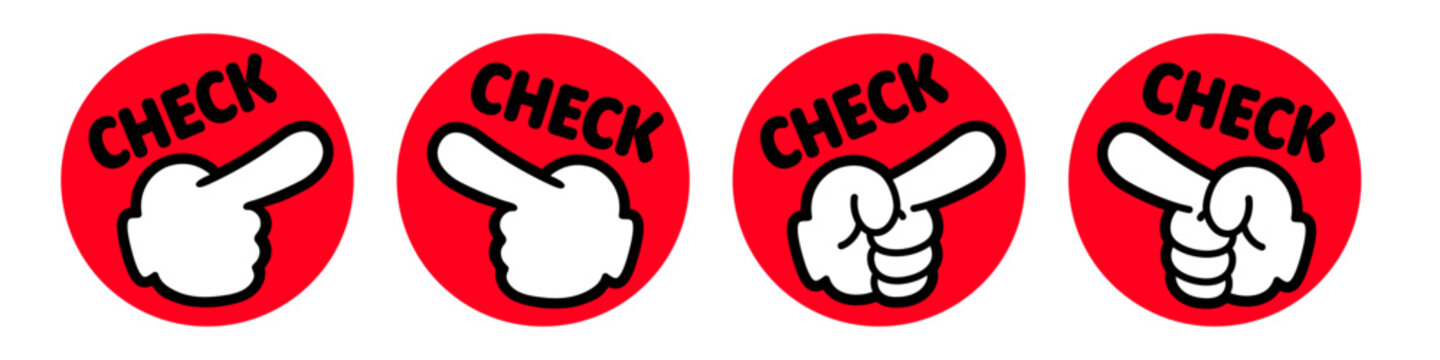 CHECK 指さしマークアイコンセット 注意喚起と確認デザイン素材 Check Finger Pointer Icon Set Attention and Confirmation Badge Design
