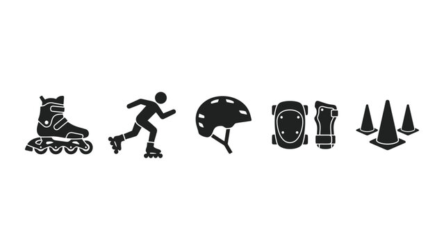 Set of inline skating equipment icons featuring rollerblades protective gear and training cones.