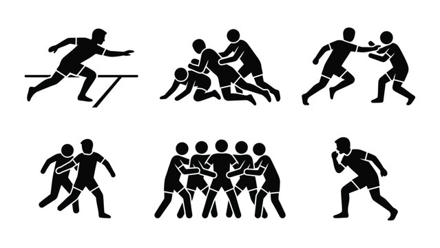 Set of Kabaddi sport game player icons in silhouette style.