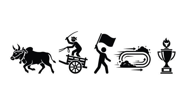 Black and white bullock cart racing infographic icon set.