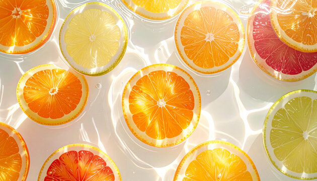 Colorful Citrus Fruit Slices Floating in Water with Fresh Summer Background