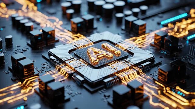 Advanced AI processor on a futuristic circuit board with glowing data pathways, representing cutting-edge artificial intelligence, machine learning, and high-performance computing for technological...