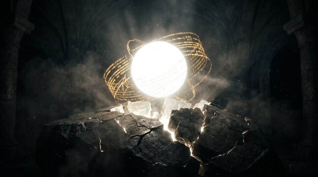 Orb of light glows intensely while hovering above a cracked stone pedestal in a dark ancient chamber.