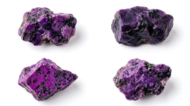 Four pieces of natural purple sugilite gemstone isolated on a white background