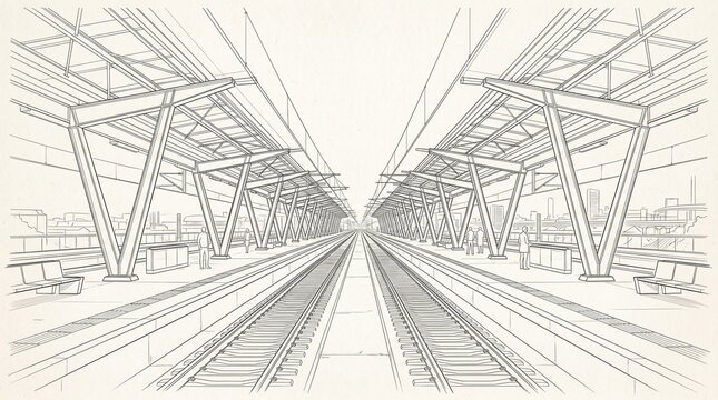 Modern train station platform with parallel tracks and futuristic canopy structure in perspective view with city skyline background