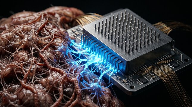 Microchip interface integrates with biological neural tissue to facilitate advanced brain machine communication.