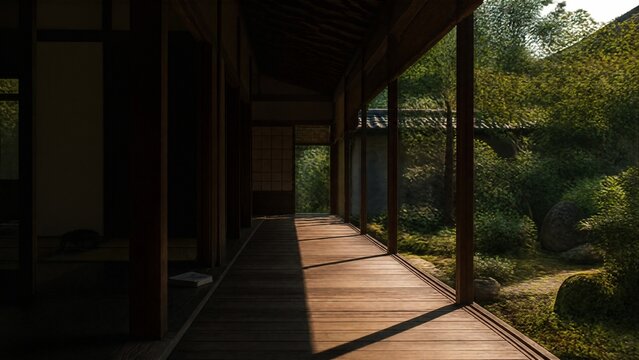 Wooden floorboards dividing shadowy interior and sunlit garden.
