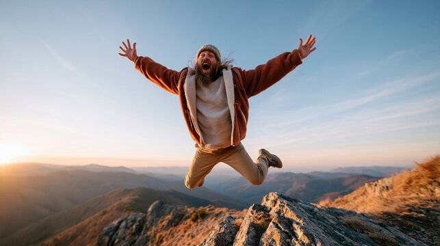 Summit of Joy: A bearded man in warm outdoor clothing leaps triumphantly in the air atop a rocky mountain peak, arms outstretched against a breathtaking sunset sky, embodying freedom and exhilaration.