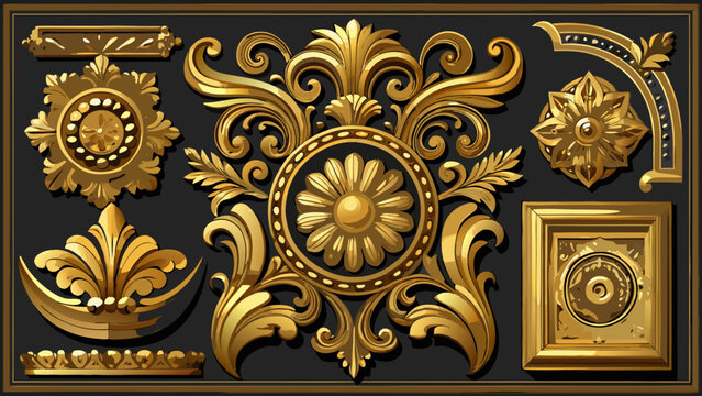 Set of gold vintage ornamental scroll frames and rosettes, vector