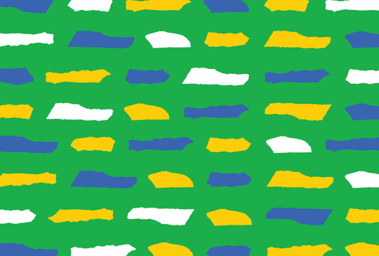A pattern with the colors of Brazil on pieces of torn paper in organic shapes
