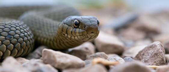 Obraz premium A striking close-up captures the beauty and detail of a snake coiled amongst stones, reflecting the intricate patterns and textures of wildlife in a natural setting.