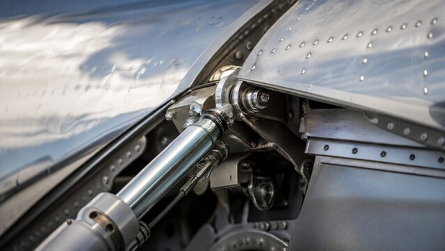 Close-up of an aircraft aileron's hinge and actuator, polished metal surface.